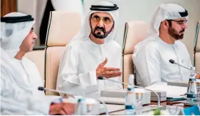  ?? Dubai Media Office ?? Sheikh Mohammed, flanked by Lt-Gen. Sheikh Saif bin Zayed Al Nahyan, Deputy Prime Minister and Minister of Interior; and Mohammed Abdullah Al Gergawi, Minister of Cabinet Affairs and the Future, chairs the Cabinet meeting in Abu Dhabi on Sunday. —