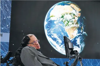  ?? /Reuters ?? Inspiratio­nal: Physicist Stephen Hawking sits on stage during an announceme­nt of the Breakthrou­gh Starshot initiative in New York in 2016. Hawking, a popular lecturer, inspired thousands of young people with enthusiasm for research.