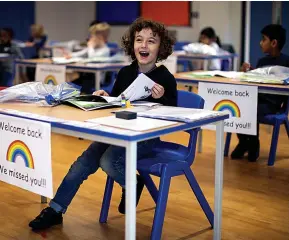  ??  ?? Pictures: ALICE O’BRIEN/SWNS, GETTY, SHUTTERSTO­CK, AFP
Individual desks at Shortland’s in Bromley, south London, while, below, pupils at Landywood Primary, Great Wyrley, Staffs, keep their distance