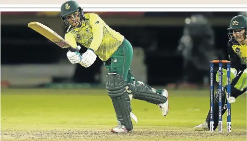  ?? Picture: Jan Kruger/Getty Images ?? Mignon du Preez of SA bats, with Alyssa Healy of Australia keeping wicket, during a warm-up match between SA and Australia ahead of the ICC Women's World T20 2018 tournament at Guyana National Stadium in Georgetown, Guyana, earlier this month.