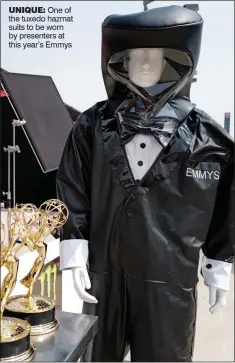  ??  ?? UNIQUE: One of the tuxedo hazmat suits to be worn by presenters at this year’s Emmys