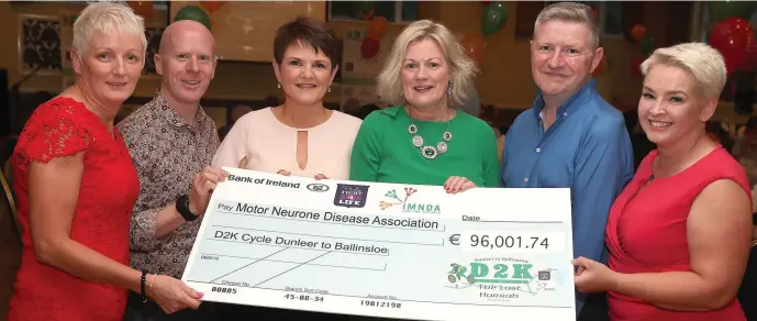  ??  ?? With the big cheque at Friday nights party were Emer Fogarty, David Magee, Sandra Fox, Marie Reavy of IMNDA, Paul Lannon and Denise Sands.