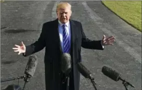  ?? SUSAN WALSH - THE ASSOCIATED PRESS ?? President Donald Trump talks with reporters Saturday as he departs from the South Lawn of the White House via Marine One to spend the weekend at Camp David in Maryland.