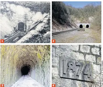  ??  ?? 1 Le tunnel de Tavannes, peu après la guerre. 2 Un deuxième tunnel (à gauche) a été percé en 1936. 3 L’entrée ouest, par laquelle pénétra la mule qui déclencha le drame. 4 Le tunnel date de 1874.