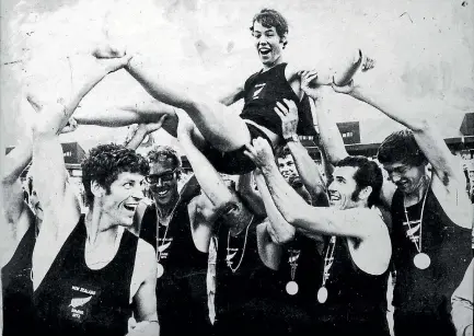  ?? PHOTO: SUPPLIED ?? The New Zealand men’s eight show their sheer delight after winning gold at the 1972 Munich Olympics.