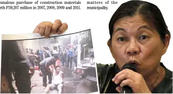  ?? BOB DUNGO JR. ?? Irate wife An angry Lalaine Yuson, wife of slain Masbate vice mayor Richard Yuson shows a photo of the suspect arrested by police who she claims is a former driver and bodyguard of PCSO board member Sandra Cam.