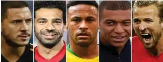  ?? FOTO: NTB SCANPIX ?? Eden Hazard (fra venstre), Mohamed Salah, Neymar, Kylian Mbappé og Harry Kane er helt i verdenseli­ten. Alle kobles til den ledige jobben som goalgetter for Real Madrid når Cristiano Ronaldo nå forsvinner.