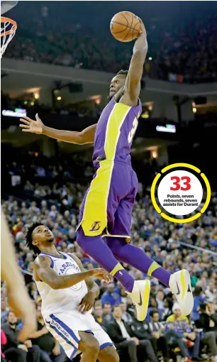  ??  ?? Points, seven rebounds, seven assists for Durant Lakers’ Julius Randle dunks past Warriors’ Nick Young during the first half of an NBA game. — AP