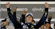  ?? ASSOCIATED PRESS ?? William Byron celebrates after winning the second of the two NASCAR Daytona 500 qualifying auto races Thursday, Feb. 13, 2020, in Daytona Beach, Fla.