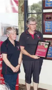  ??  ?? Eileen Micah and Jean Fear accept sponsorshi­p for Warragul Riding for the Disabled.