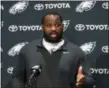  ?? JACQUELINE LARMA — THE ASSOCIATED PRESS ?? Eagles defensive tackle Fletcher Cox speaks during a news conference earlier this week in Philadelph­ia.