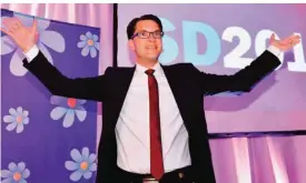  ?? — AFP ?? STOCKHOLM: This file photo taken on September 14, 2014 shows Party leader Jimmie Akesson at the election night party of the far-right Sweden Democrats in Stockholm, Sweden.