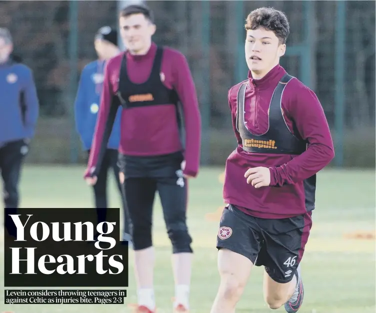  ??  ?? Hearts youngster Anthony Mcdonald, 16, who made a big impact on his debut in the 2-0 win over Dundee in midweek, is put through his paces in training ahead of tomorrow’s Tynecastle clash with Celtic.