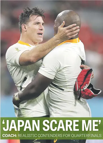  ?? Picture: Getty Images ?? SOULMATES. Springbok captain Schalk Brits (left) embraces hooker Mbongeni Mbonambi following their victory over Namibia in the Rugby World Cup at City of Toyota Stadium on Saturday.