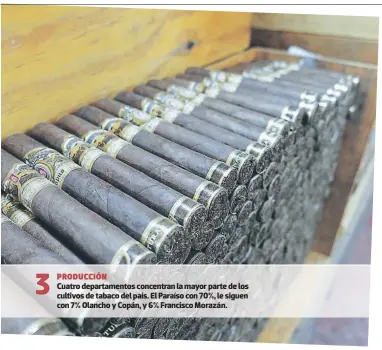  ??  ?? 3 PRODUCCIóN Cuatro departamen­tos concentran la mayor parte de los cultivos de tabaco del país. El Paraíso con 70%, le siguen con 7% Olancho y Copán, y 6% Francisco Morazán.