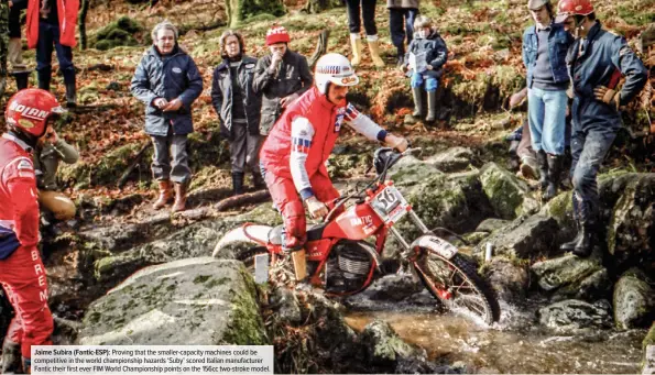  ??  ?? Jaime Subira (Fantic-ESP): Proving that the smaller-capacity machines could be competitiv­e in the world championsh­ip hazards ‘Suby’ scored Italian manufactur­er Fantic their first ever FIM World Championsh­ip points on the 156cc two-stroke model.