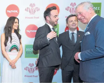  ??  ?? Charles greets Ant and Dec and Cheryl Tweedy at Prince’s Trust Awards in London yesterday