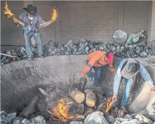  ??  ?? Thomas Jaime Gonzales, from left, his son Mario Gonzales and nephew Juan Jezus Frutoso prepare the pit to roast the piñas. The hours-long process gives mezcal its distinctiv­e smoky taste.