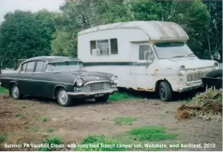  ??  ?? Survivor PA Vauxhall Cresta, with rusty Ford Transit camper van, Waitakere, west Auckland, 2010