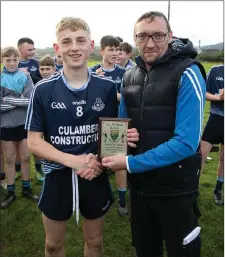  ??  ?? Man of the match James Boland receives his Wicklow People sponsored award from Brendan Lawrence.