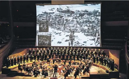  ?? Marcus Yam Los Angeles Times ?? VISUAL ART by Kevork Mourad — some generated ahead of time, some drawn live — accompanie­s the Master Chorale’s Sunday performanc­e of “Israel in Egypt.”