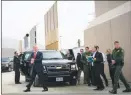  ?? DOUG MILLS / THE NEW YORK TIMES FILE (2018) ?? President Donald Trump arrives to view border wall prototypes in March 2018 in San Diego. Trump may have failed to make good on his 2016 promise to make Mexico pay for the wall, but if whistleblo­wer accusation­s prove true, the administra­tion apparently did rely on Mexican workers for the project, potentiall­y at the expense of Americans.