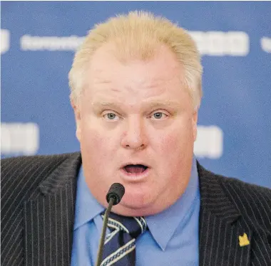  ?? CHRIS YOUNG/The Canadian Press files ?? A new policy on preventing discrimina­tion issued by the Ontario Human Rights Code could be a good thing for Toronto Mayor Rob Ford whose acknowledg­ed addiction is deemed a psychosoci­al disability protected by the Code, writes Christie Blatchford.