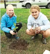  ??  ?? Zoe Brunt (left) and Millie Stoll help plant trees at Drouin on National Tree Day with the help of Friends of Drouin’s Trees.