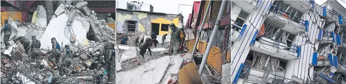  ?? FOTO: AFP/AP ?? Miembros de las Fuerzas Armadas buscan entre los escombros La familias corrieron a la calle durante la fuerte sacudida que del edificio del Ayuntamien­to, que se derrumbó parcialmen­te. dejó decenas de muertos en Oaxaca y Chiapas, principalm­ente. Varios...