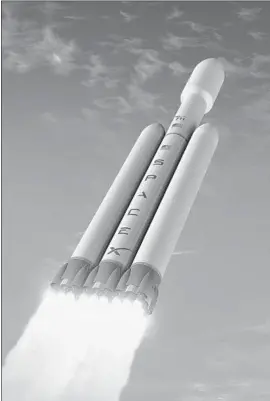  ??  ?? ONCE operationa­l, the Falcon Heavy probably will compete largely against a few rockets, such as Arianespac­e’s Ariane 5. Above, a rendering of the SpaceX rocket.