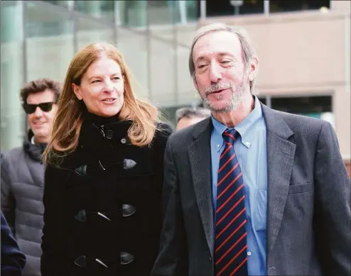  ?? Tyler Sizemore / Hearst Conn. Media ?? Michelle Troconis, who has pleaded not guilty to conspiracy to commit murder in the Jennifer Dulos case, walks into court with her attorney, Jon Schoenhorn, at state Superior Court in Stamford on Tuesday.