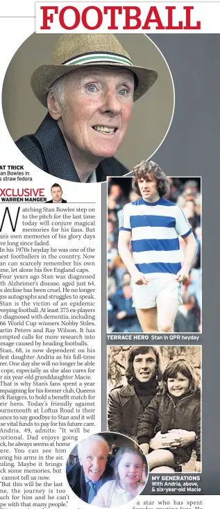  ??  ?? HAT TRICK Stan Bowles in his straw fedora TERRACE HERO Stan in QPR heyday MY GENERATION­S With Andria, above, & six-year-old Macie