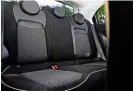  ??  ?? REAR SEATS Anyone under six foot should be fine in the back, but taller adults might struggle for headroom. Still, it’s much bigger than the 500 city car. There are ISOFIX points on the outer seats