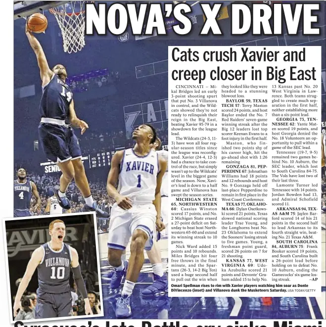  ??  ?? Omari Spellman rises to rim with Xavier players watching him soar as Donte DiVincenzo (inset) and Villanova dunk the Musketeers Saturday.