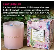  ?? ?? LIGHT UP MY LIFE
Irish Botanicals’ Peony and Wild Mint candle is a sweet budget-friendly gift for someone special and ideal for setting the mood for your date night plans. It’s €14.95 from irishbotan­icals.com