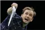  ?? CHRISTOPHE ENA — THE ASSOCIATED PRESS ?? Russia’s Daniil Medvedev smashes the ball to Germany’s Alexander Zverev during the Paris Masters tennis tournament final, Sunday, Nov. 8, 2020 in Paris.