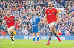  ?? Picture: REUTERS ?? Manchester United’s Anthony Martial celebrates scoring their first goal with Bruno Fernandes against Everton at Old Trafford, Manchester, Britain.