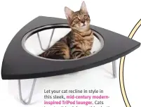  ?? ?? Let your cat recline in style in this sleek, mid-century modern
inspired TriPod lounger. Cats love to sit in sinks, so this plastic lounge pod was designed to create that same feeling! And if your cat ever vacates his lounging spot, it can also be used for toy storage or as a cat grass planter, beverage server, or ice bucket! $100, mythreecat­s.com