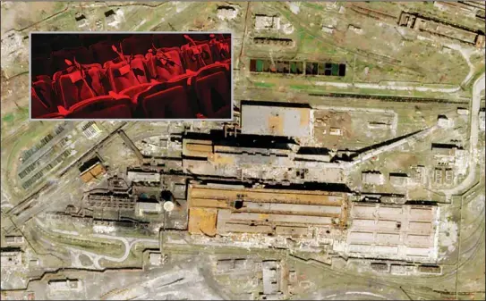  ?? (AP) ?? This satellite photo released by Planet Labs and taken on April 20, 2022 shows the Azovstal Steel Plant in Mariupol, Ukraine, with some large holes blasted in the roof. Inset: Flowers are placed on empty seats in tribute of Ukrainians killed during Russia’s invasion of Ukraine, prior to a Lviv National Opera theater orchestra concert, in Lviv, western Ukraine, April 22, 2022.