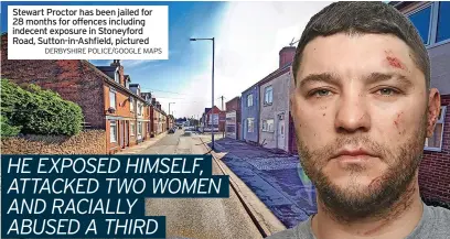  ?? DERBYSHIRE POLICE/GOOGLE MAPS ?? Stewart Proctor has been jailed for 28 months for offences including indecent exposure in Stoneyford Road, Sutton-in-ashfield, pictured