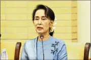  ?? U AUNG / XINHUA / ZUMA PRESS ?? Myanmar State Counselor Aung San Suu Kyi speaks in May at a peace conference in Nay Pyi Taw, Myanmar. Suu Kyi is under mounting pressure as the government clears out the Rohingya population.