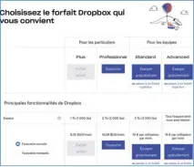  ??  ??     En plus du forfait de base gratuite, Dropbox propose des forfaits payants : deux pour les individuel­s et deux pour les entreprise­s. Les forfaits payants offrent un espace de stockage plus que confortabl­e.