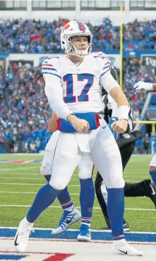  ??  ?? FIRED UP: Josh Allen celebrates after scoring a touchdown in the second half of the Bills’ 24-21 win against the Jaguars yesterday in Orchard Park, N.Y.