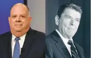 ?? FILE PHOTOS ?? Maryland Gov. Larry Hogan, a Republican, left, wrote in the name of Ronald Reagan, right, on his mail-in ballot in 2020 rather than vote for anyone else running for president. He has repeatedly said Reagan, the country’s 40th president, is the model of what America needs.