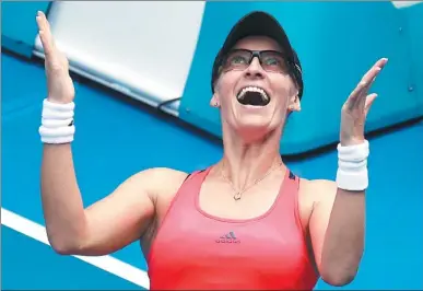  ?? AARON FAVILA / AP ?? Mirjana Lucic-Baroni of Croatia celebrates her fourth-round victory over American Jennifer Brady at the Australian Open in Melbourne on Monday. The 34-year-old former child prodigy reached her first Grand Slam quarterfin­al in 18 years.