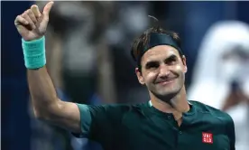  ??  ?? Roger Federer celebrates beating Dan Evans in three sets at the Qatar Open. Photograph: Mohamed Farag/Getty Images