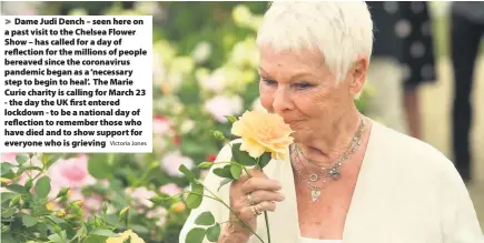  ?? Victoria Jones ?? > Dame Judi Dench – seen here on a past visit to the Chelsea Flower Show – has called for a day of reflection for the millions of people bereaved since the coronaviru­s pandemic began as a ‘necessary step to begin to heal’. The Marie Curie charity is calling for March 23 - the day the UK first entered lockdown - to be a national day of reflection to remember those who have died and to show support for everyone who is grieving