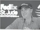  ?? JOE RONDONE/COMMERCIAL­APPEAL.COM ?? Justin Thomas speaks with the media at TPC Southwind before in the WGC-FEDEX St. Jude Invitation­al on July 23, 2019.