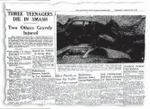  ??  ?? The Hawke’s BayHeraldT­ribune reports on the crash, naming the three victims.