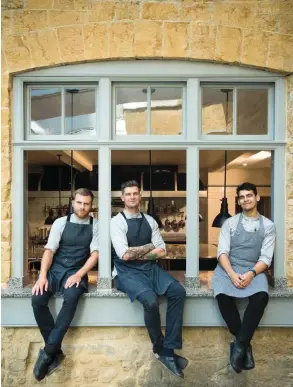  ??  ?? Right: The Newt in Somerset’s chef Ben Abercrombi­e (center) with some of his kitchen team.